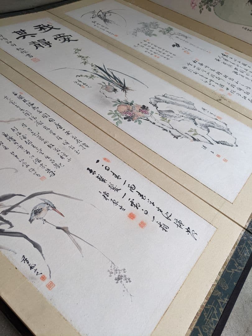 明治/六曲屏風 木箱セット/明治期書画家の合作/希少骨董古美術vintage