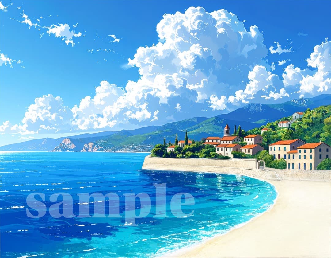 美しい海と山の風景画』 A4 グラフィックアート インテリア ポスター