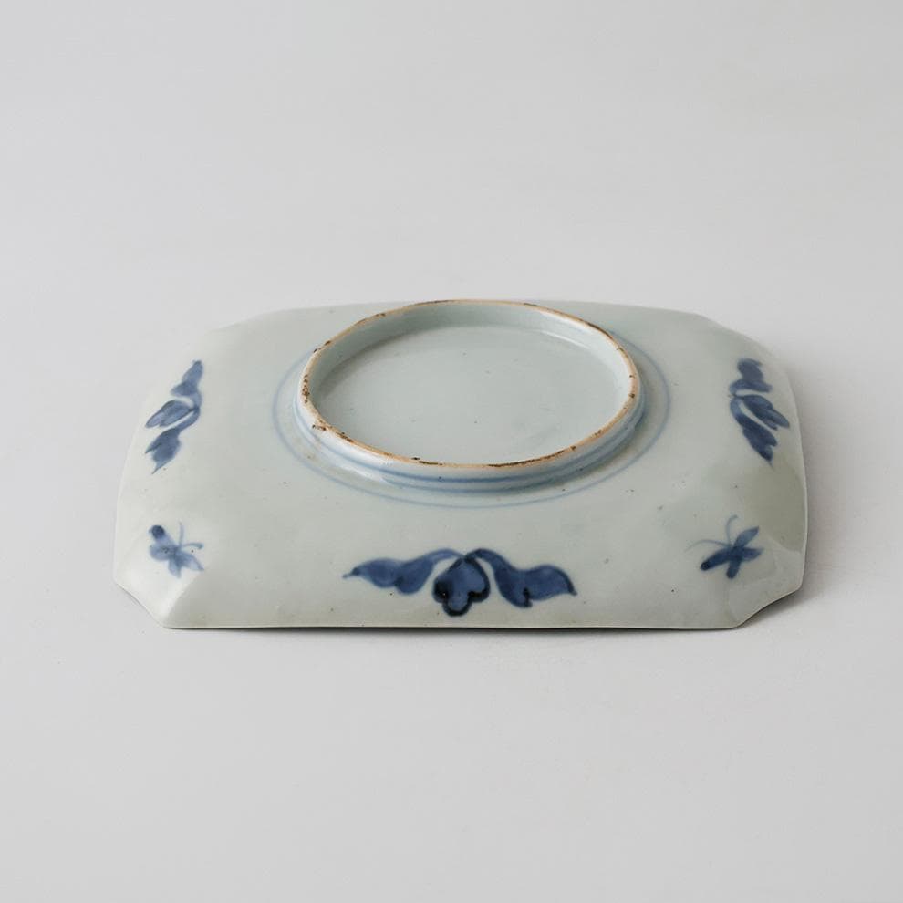 江戸後期幕末 明治時代 古伊万里 有田焼 染付 花蝶図 角切四方皿 時代箱黄布