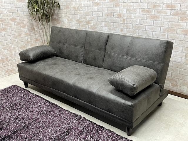 ソファーベッド　グレー　小テーブル付き　レザーファブリック　ソファ　新品