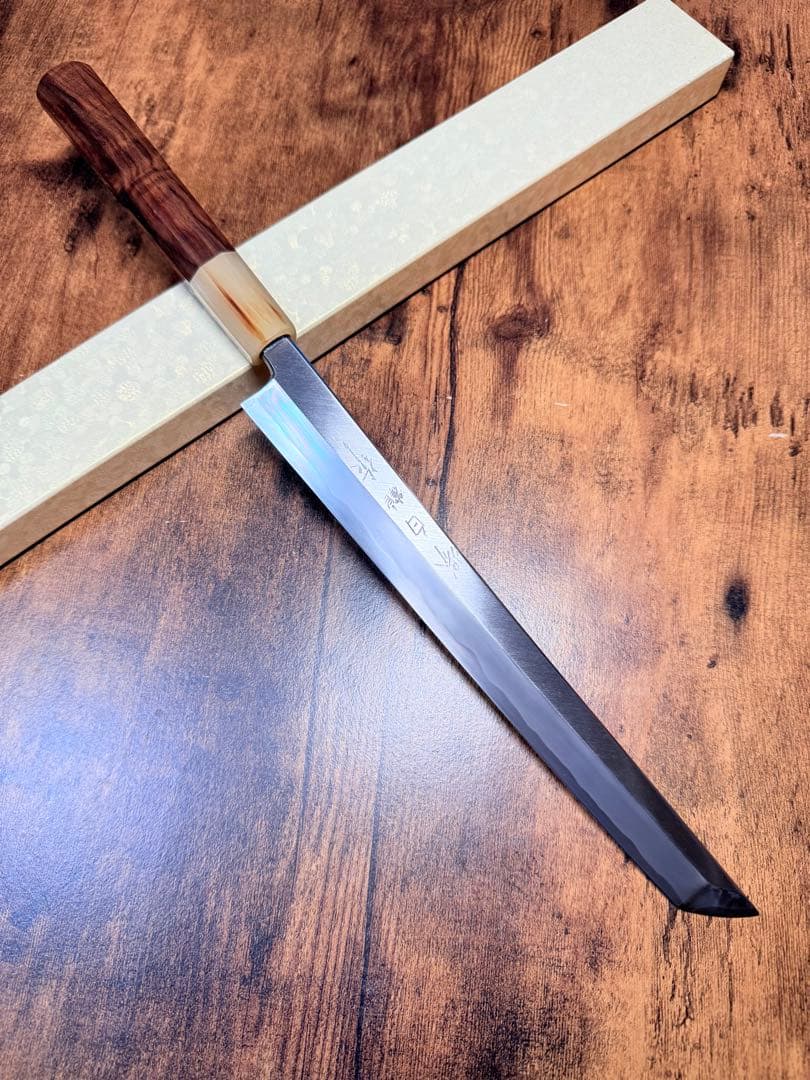 【堺打刃物】蛸引 先丸　包丁　8寸　白二鋼　紫檀水牛八角柄