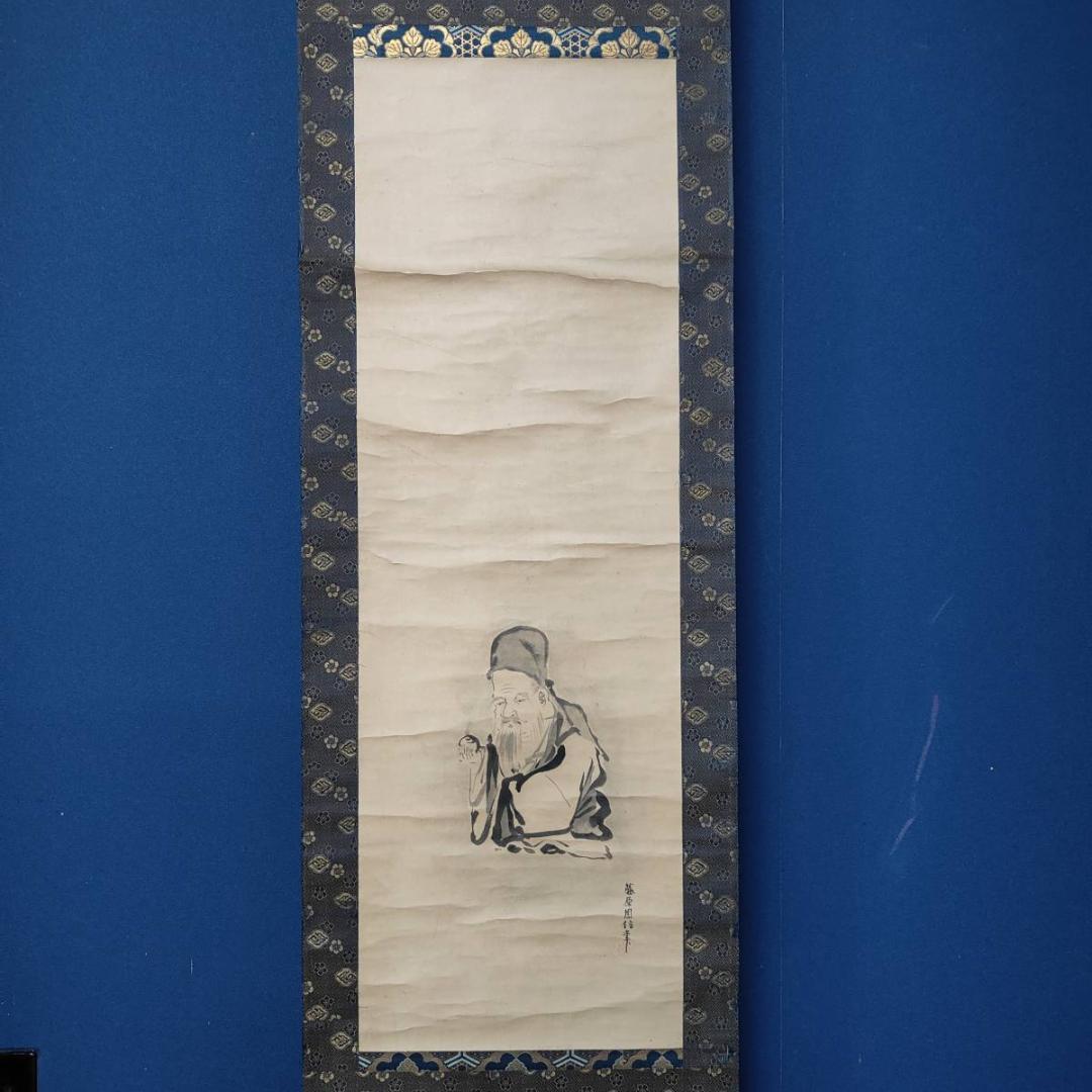 真作/狩野周信/寿老人図/極札付/江戸中期/桐時代箱付/布袋屋掛軸A-472