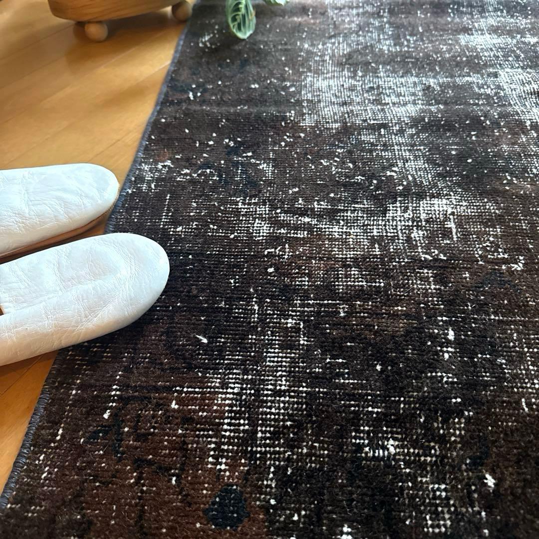 109.5×124 レアこげ茶ブラック オーバーダイ トルコヴィンテージラグ