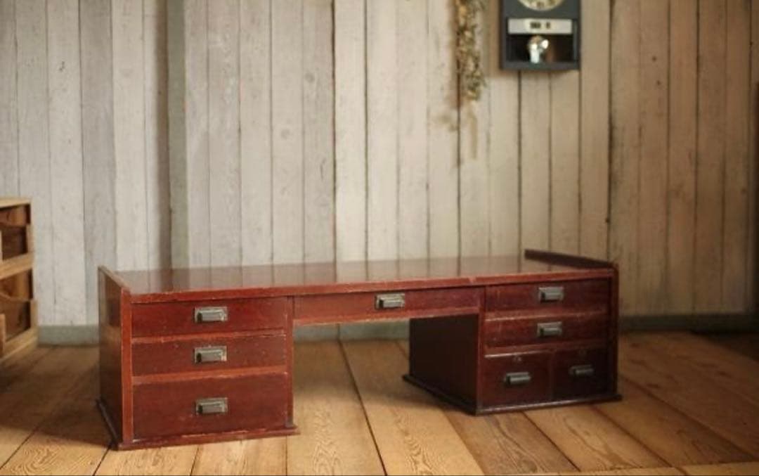 古い木製の机　引き出し8杯　両袖文机　古家具　時代家具