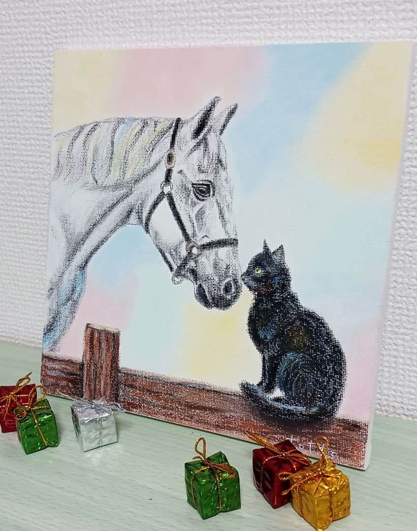 ペット似顔絵　ミクストメディアアート　キャンバス20㎝角