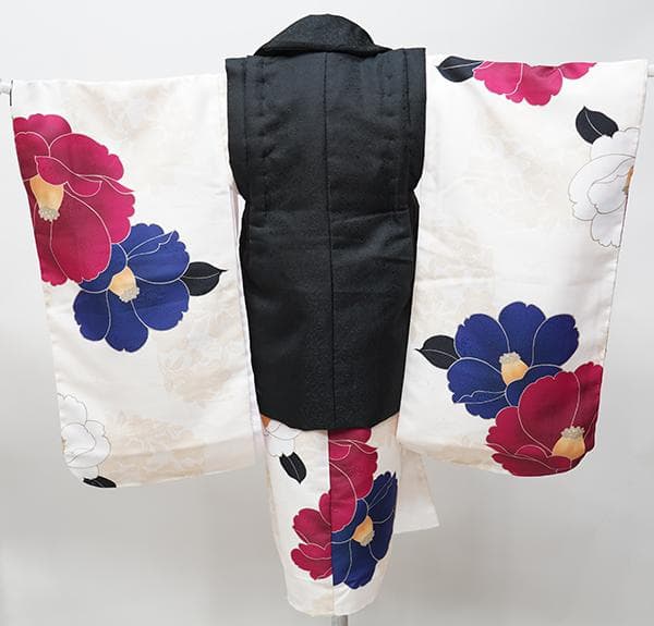 七五三 三歳 女児 被布コート 着物 長襦袢 3点セット 黒色×アイボリー 祝着