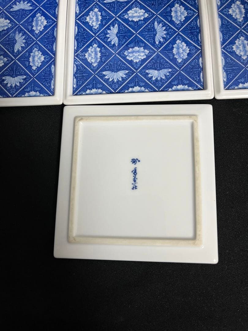 オールド香蘭社 染付 格子 菊牡丹絵 手描き 銘々皿 取皿 角皿5枚