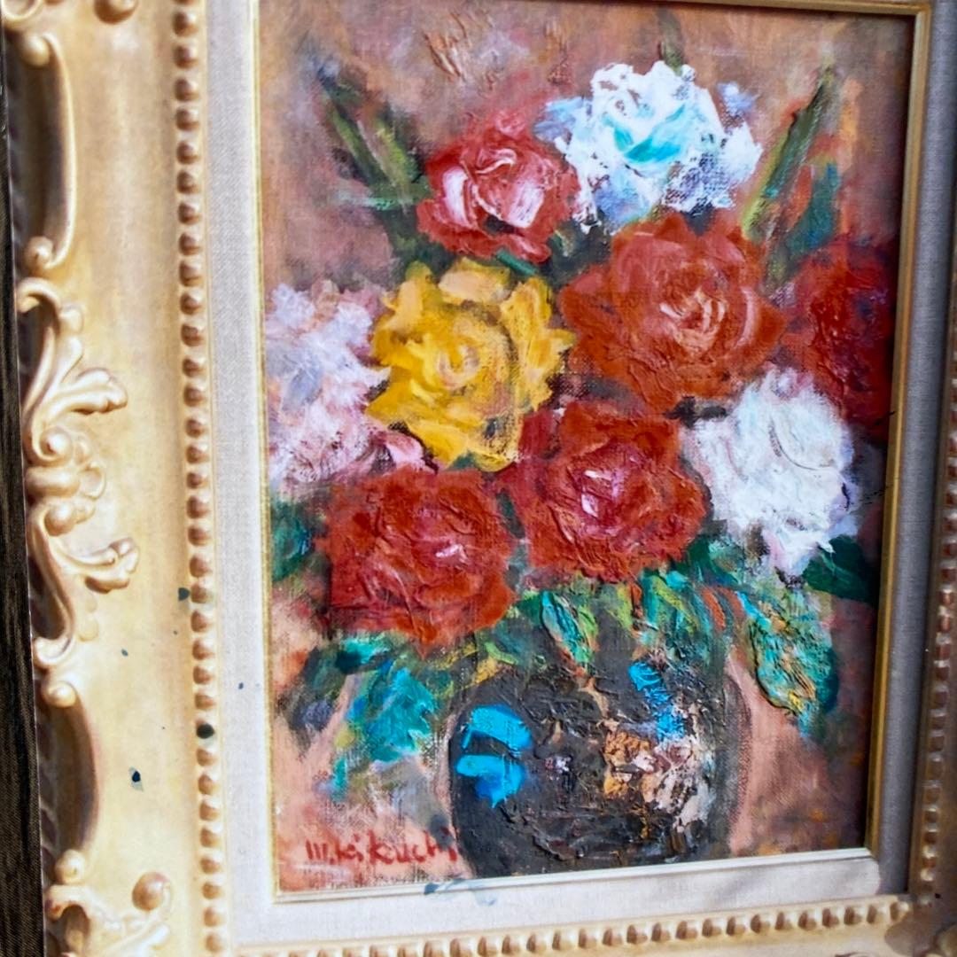 絵画 油絵 原画 「バラ」F4 額付き 華やか パリ 油彩画 美品 サイン