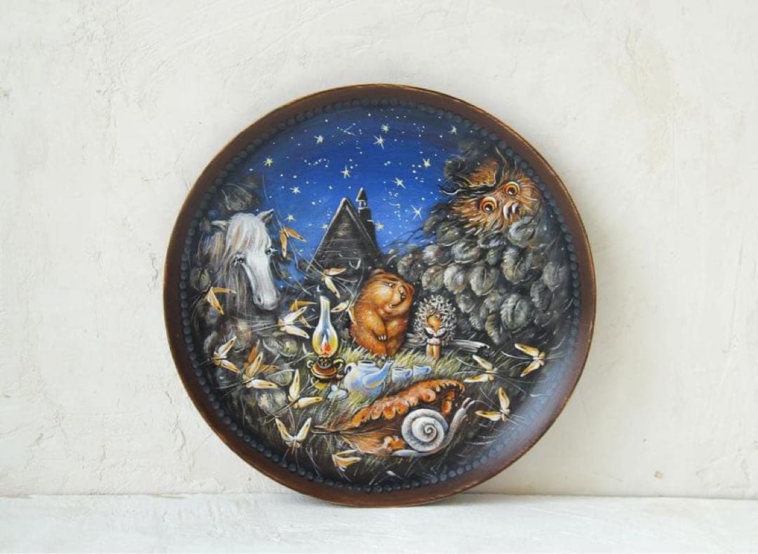 ロシア雑貨☆『霧の中のハリネズミ』木製トレー　壁掛け飾り マトリョーシカ