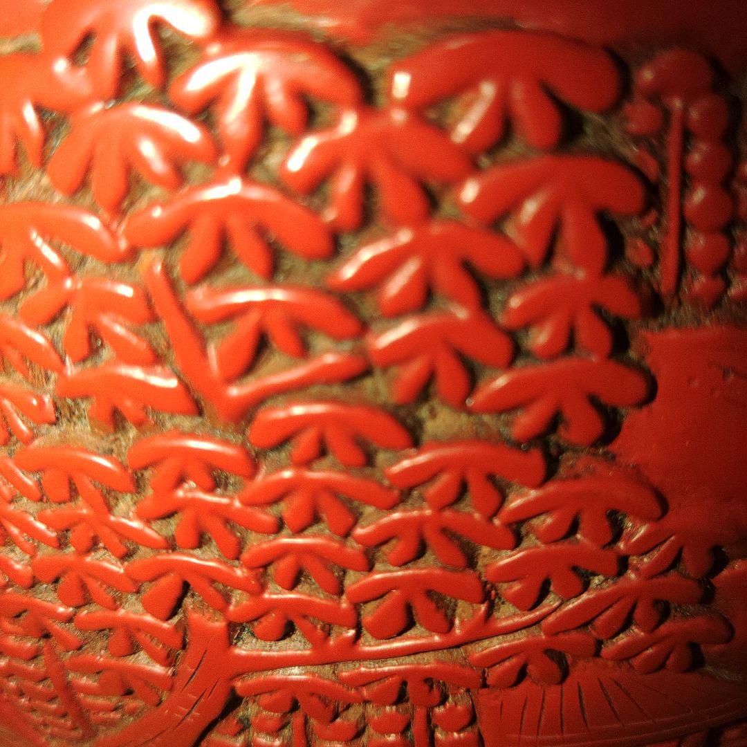 越後村上堆朱 山水図大花瓶 共箱付き