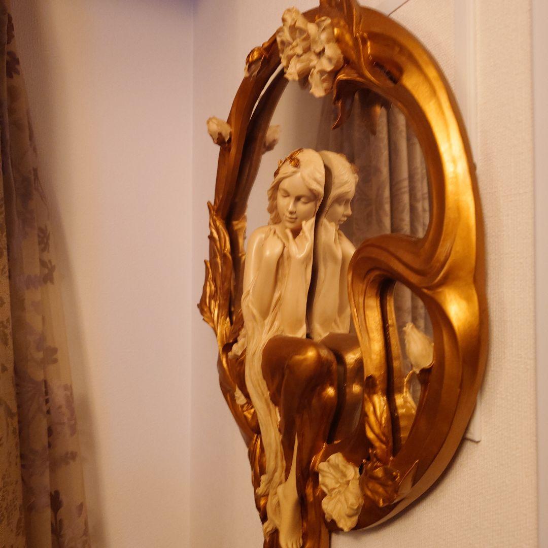 アールヌーボー風 壁掛け鏡 女性彫刻