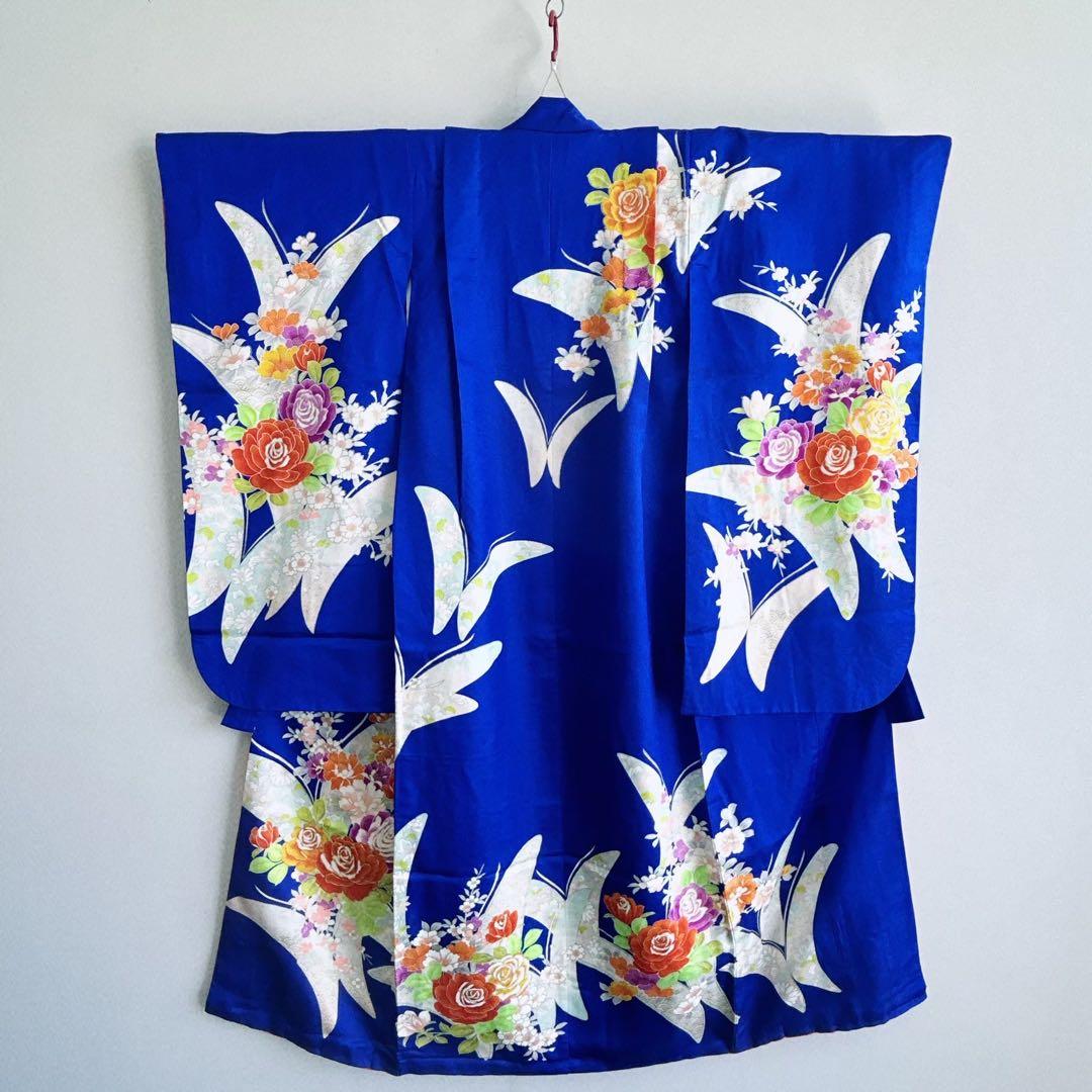 セット　七五三７歳女の子　着物＆袋帯＆袖なし長襦袢＆小物　青　蝶バラ金糸　孔雀