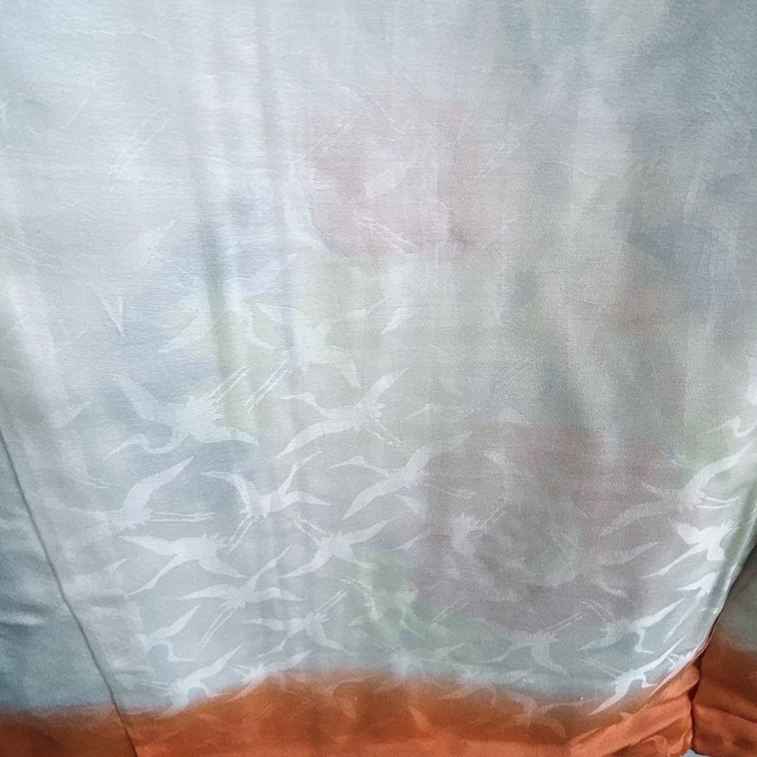 セット　七五三７歳女の子　着物＆袋帯＆袖なし長襦袢＆小物　青　蝶バラ金糸　孔雀