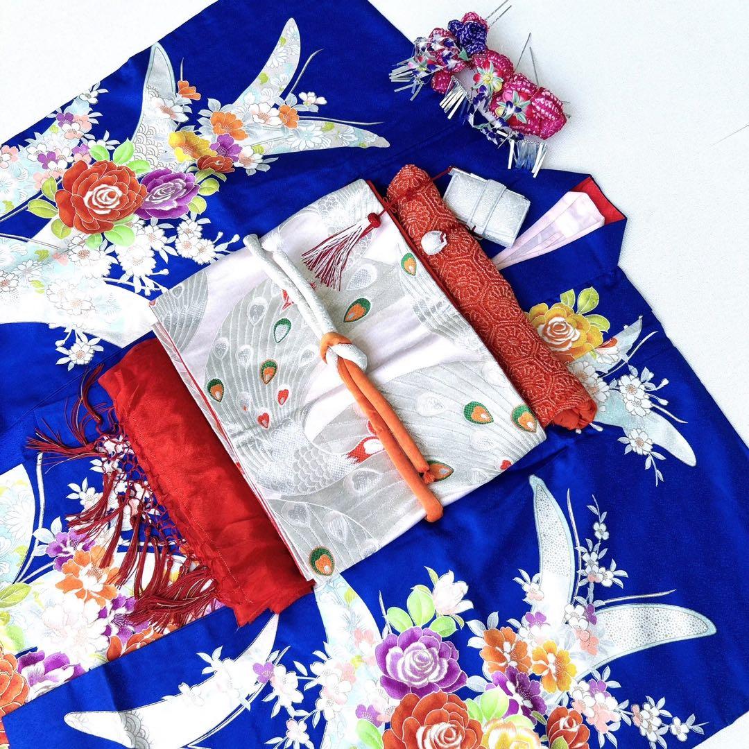 セット　七五三７歳女の子　着物＆袋帯＆袖なし長襦袢＆小物　青　蝶バラ金糸　孔雀