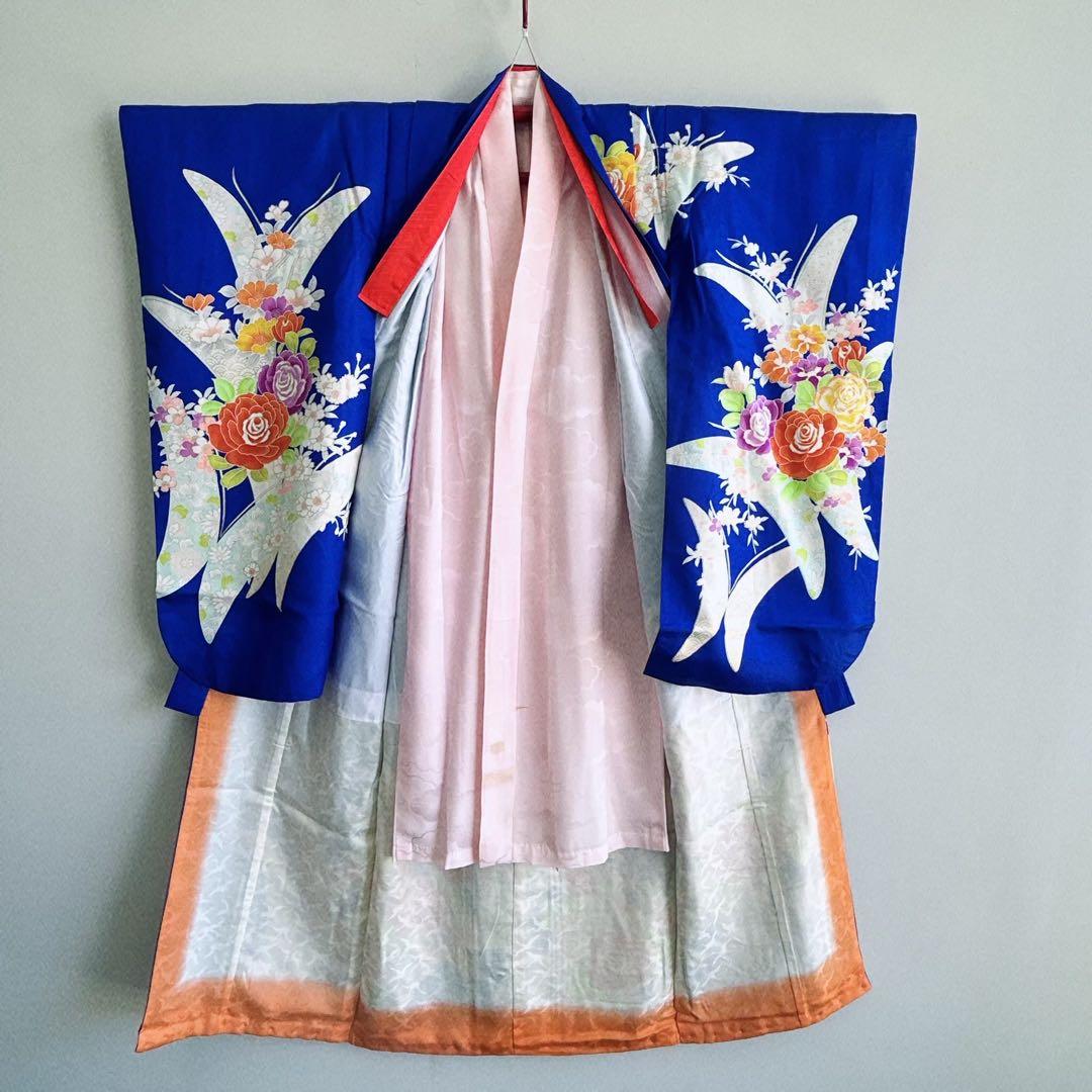 セット　七五三７歳女の子　着物＆袋帯＆袖なし長襦袢＆小物　青　蝶バラ金糸　孔雀