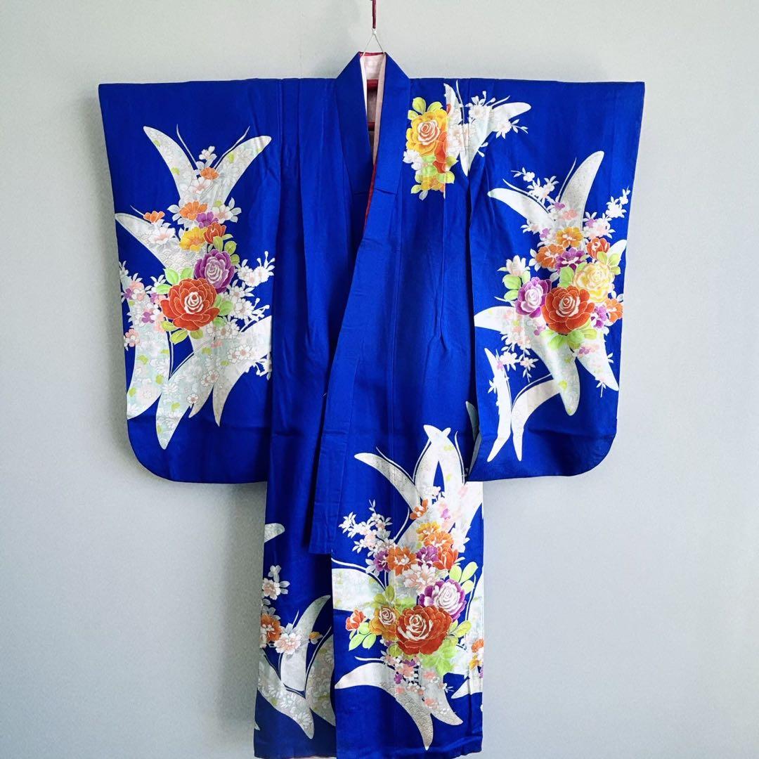 セット　七五三７歳女の子　着物＆袋帯＆袖なし長襦袢＆小物　青　蝶バラ金糸　孔雀