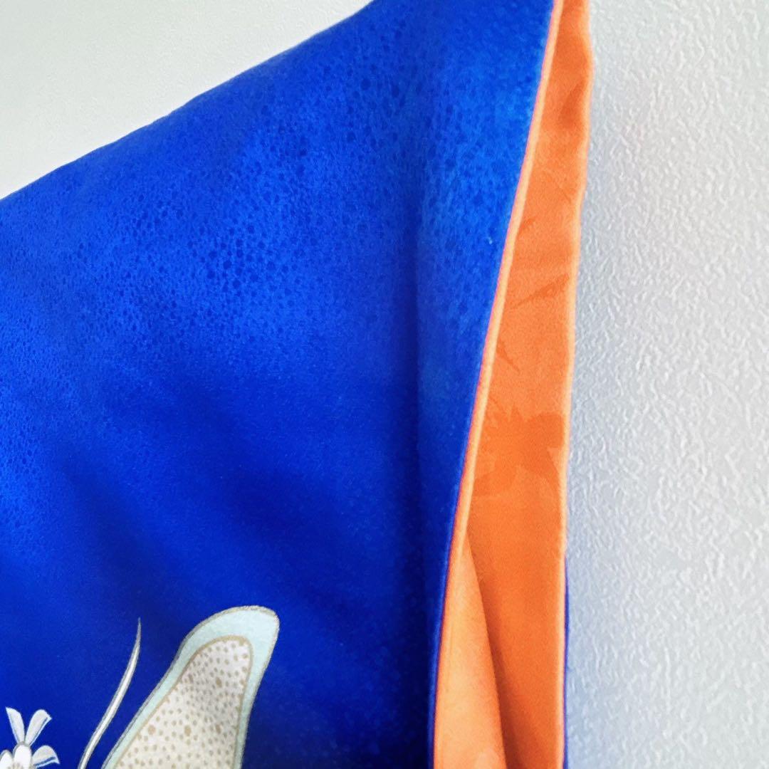 セット　七五三７歳女の子　着物＆袋帯＆袖なし長襦袢＆小物　青　蝶バラ金糸　孔雀