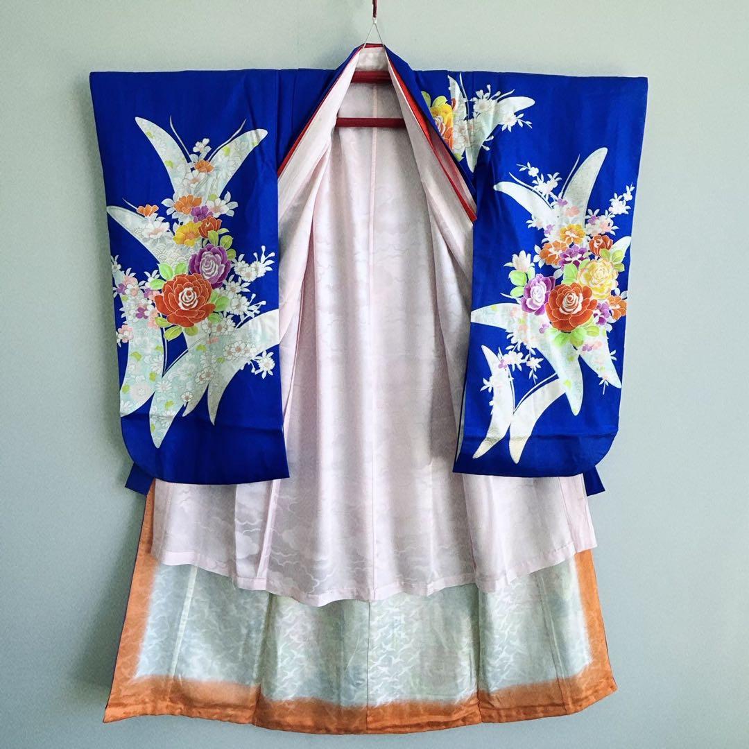 セット　七五三７歳女の子　着物＆袋帯＆袖なし長襦袢＆小物　青　蝶バラ金糸　孔雀