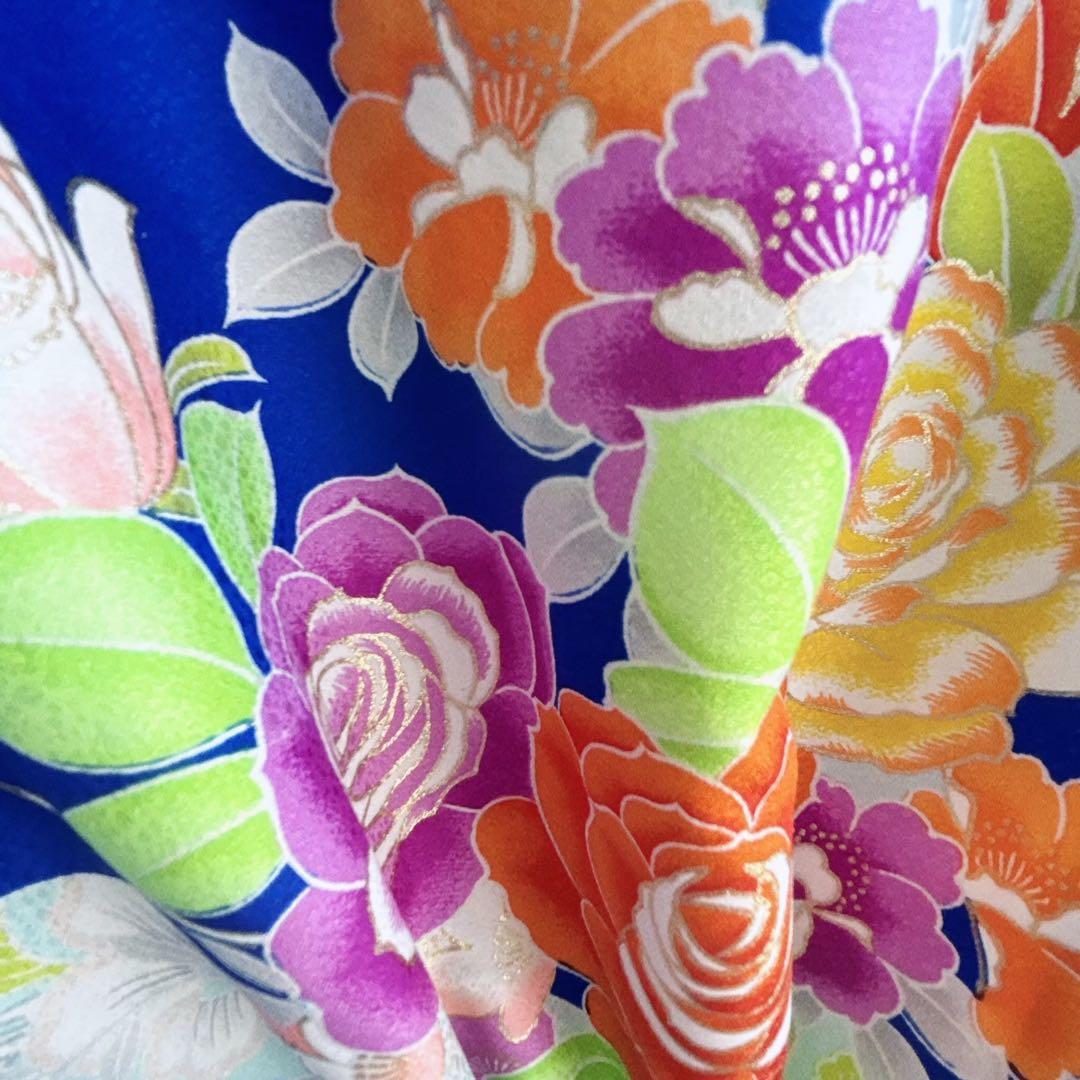 セット　七五三７歳女の子　着物＆袋帯＆袖なし長襦袢＆小物　青　蝶バラ金糸　孔雀