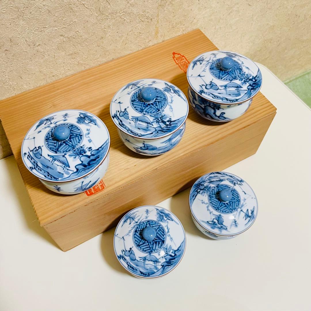 未使用】染付 地紋山水 蓋付湯呑 5客揃 木箱入り 作家銘「清秀