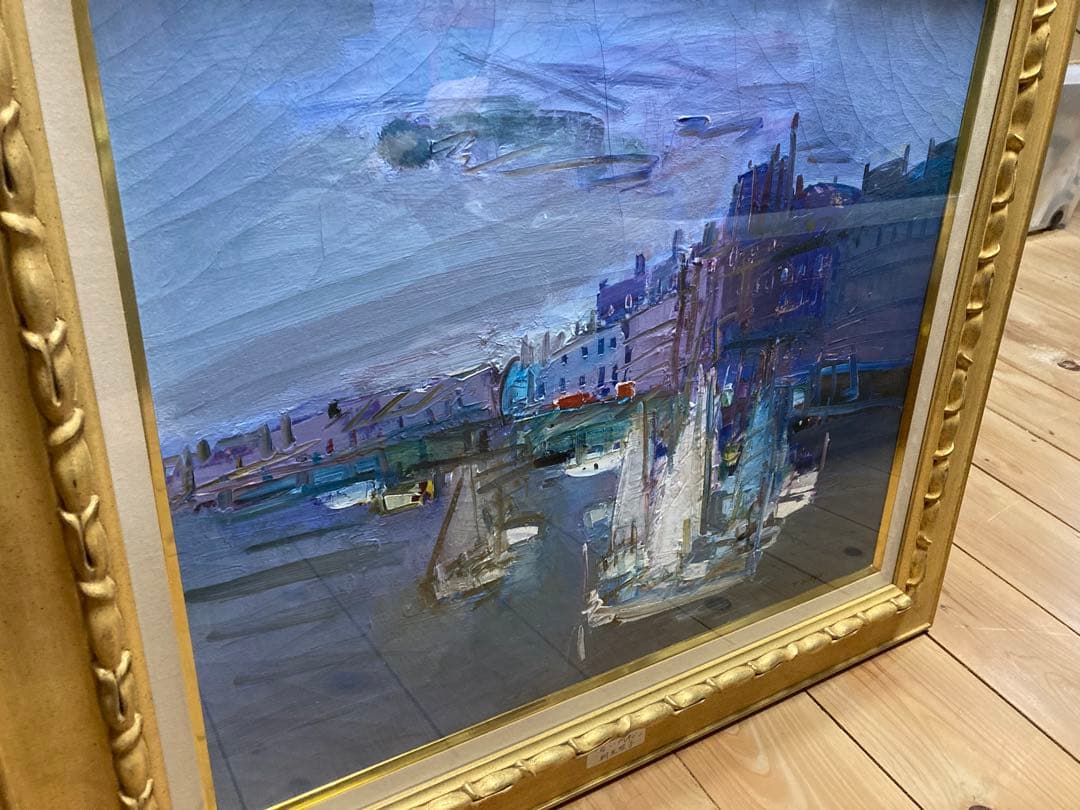 【額装/ガラス入】桐生照子『白い帆船』マリーナ風景 絵画（技法不詳）ヨット