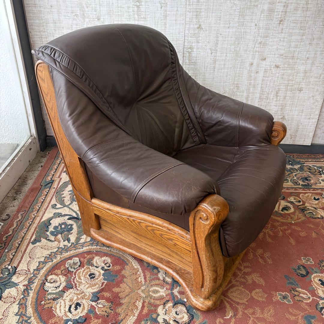 北欧レトロ オランダアンティーク オーク材 無垢材 レザーソファー アームチェア