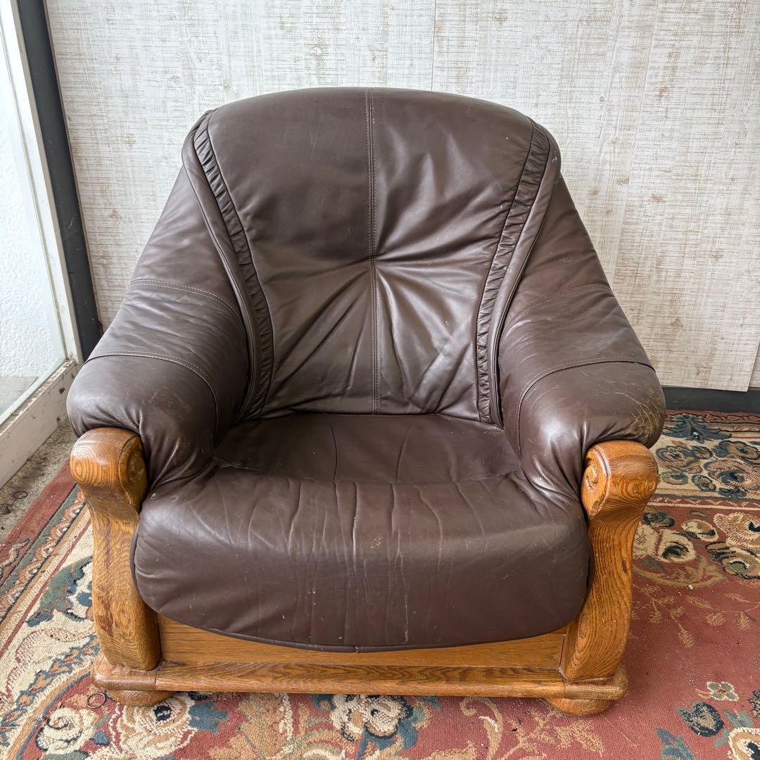 北欧レトロ オランダアンティーク オーク材 無垢材 レザーソファー アームチェア