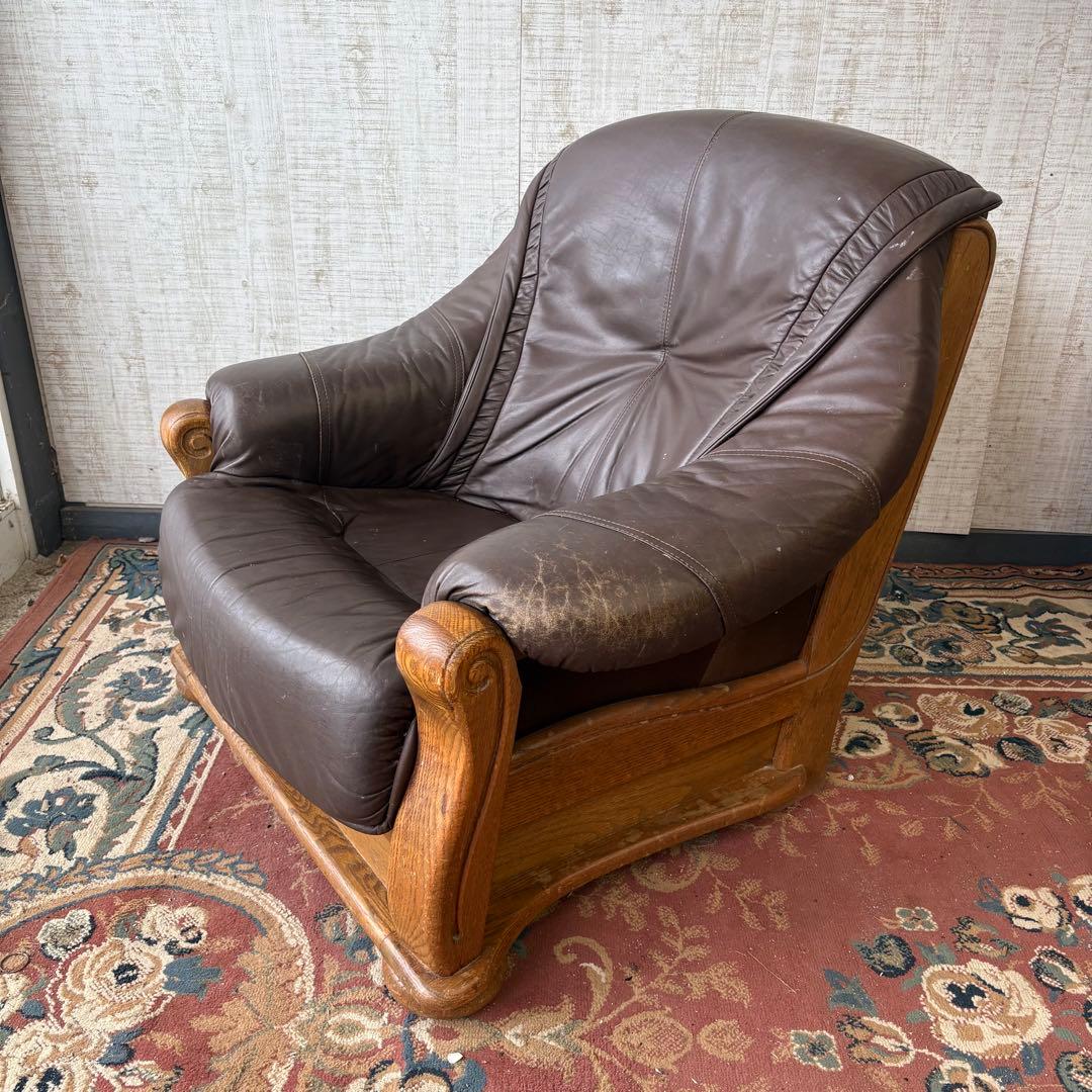 北欧レトロ オランダアンティーク オーク材 無垢材 レザーソファー アームチェア
