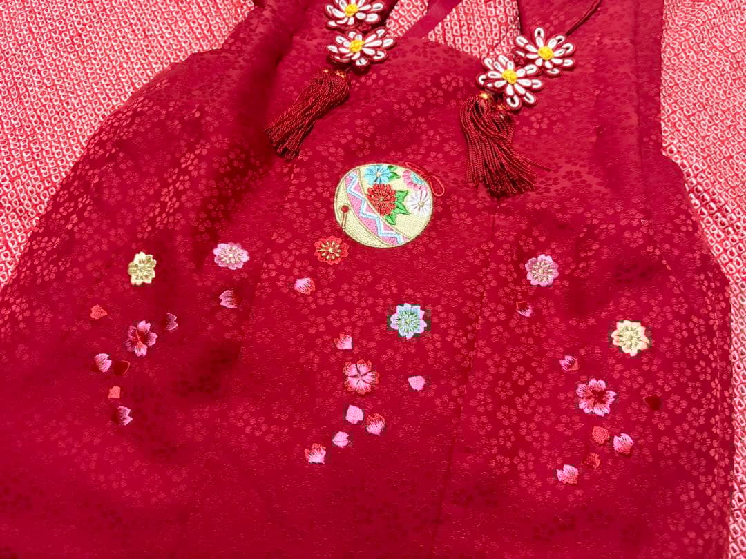 七五三　正絹　3歳　絞り　総絞り　被布　刺繍　一つ身　フルセット　赤　桜　百貨店