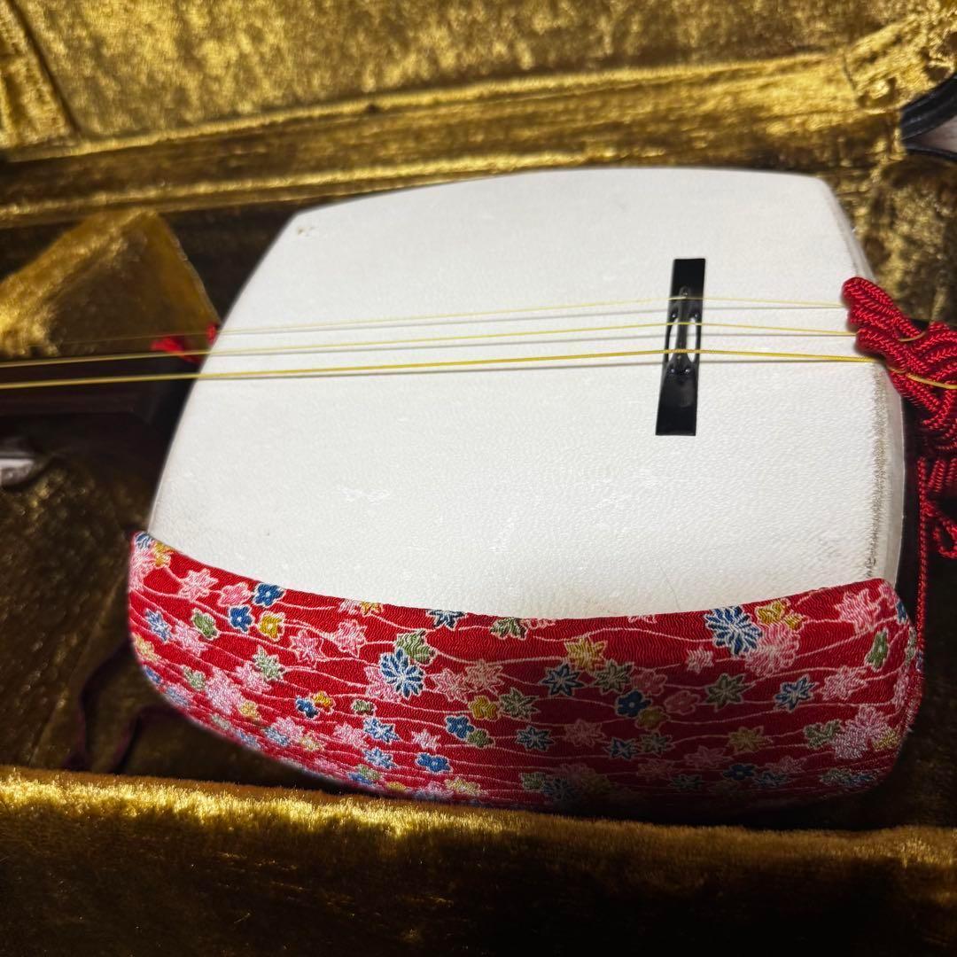 三味線中棹東さわり紅木1本溝糸まき素六破れ有りハードケース付き