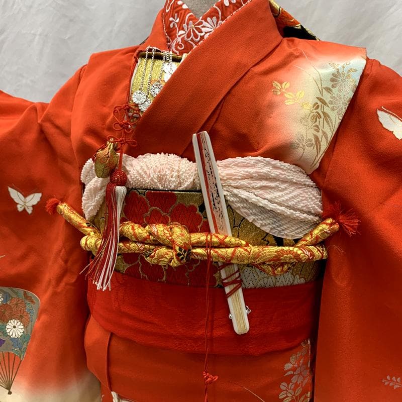 512ag62□七五三 七歳 女児 着物&袋帯 金彩 扇 流水に花□美品