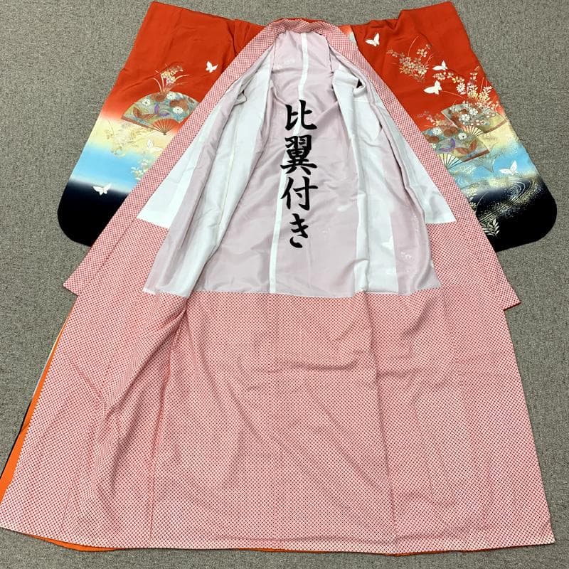 512ag62□七五三 七歳 女児 着物&袋帯 金彩 扇 流水に花□美品