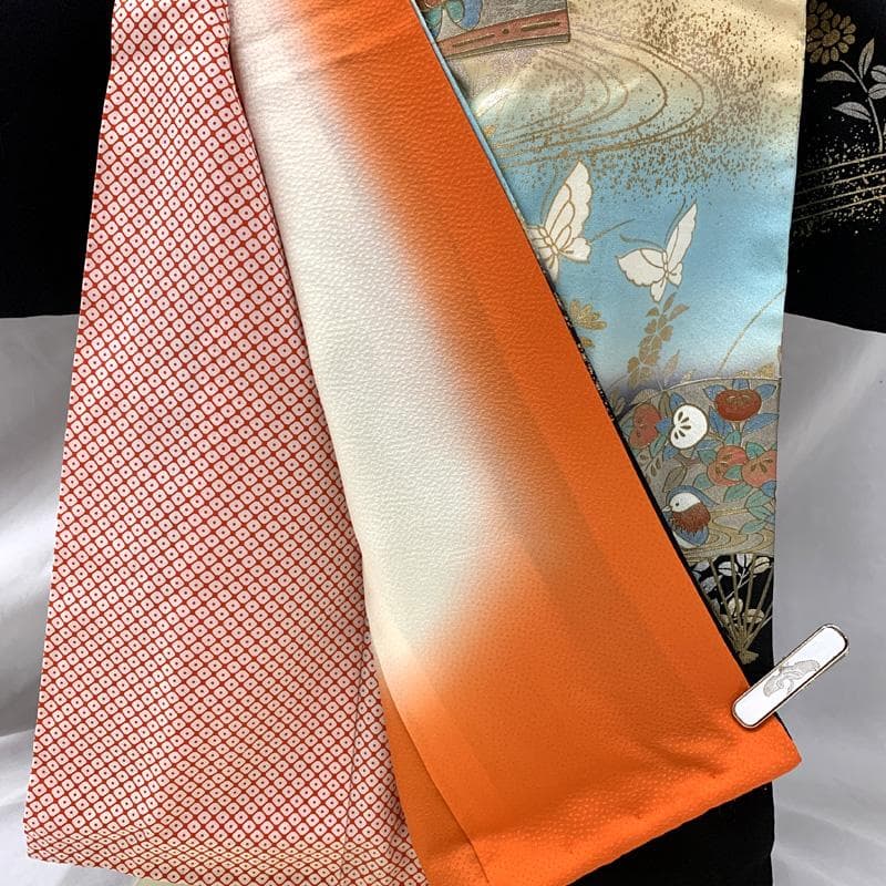 512ag62□七五三 七歳 女児 着物&袋帯 金彩 扇 流水に花□美品