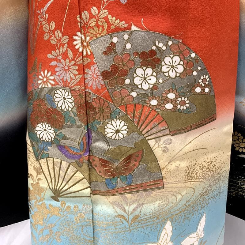 512ag62□七五三 七歳 女児 着物&袋帯 金彩 扇 流水に花□美品