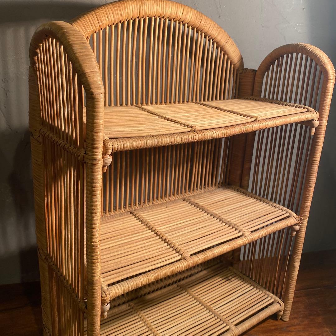 昭和レトロ 折りたたみ式三段ラック ラタン 籐 インテリア 飾り棚