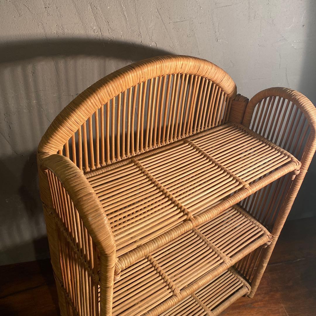 昭和レトロ 折りたたみ式三段ラック ラタン 籐 インテリア 飾り棚