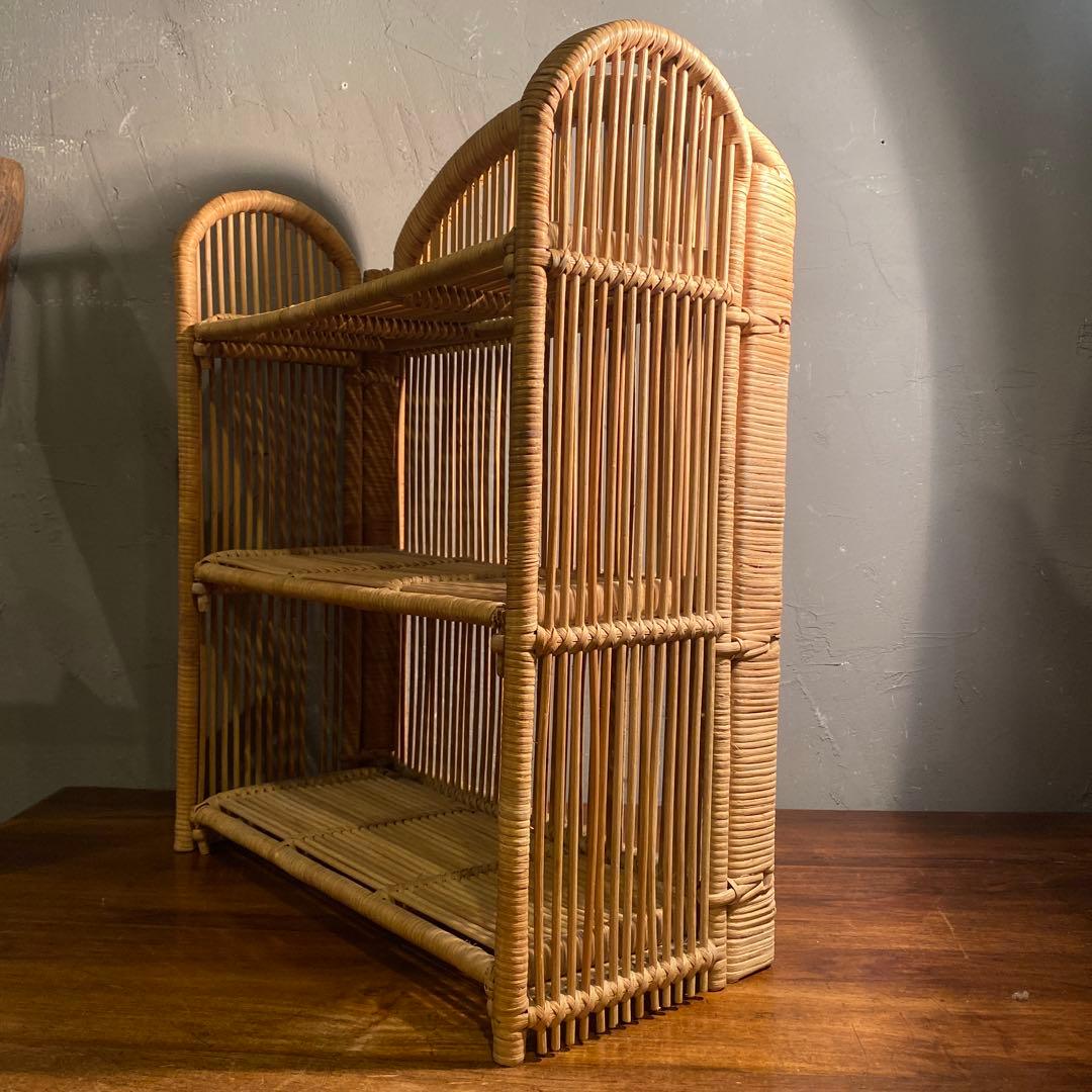 昭和レトロ 折りたたみ式三段ラック ラタン 籐 インテリア 飾り棚