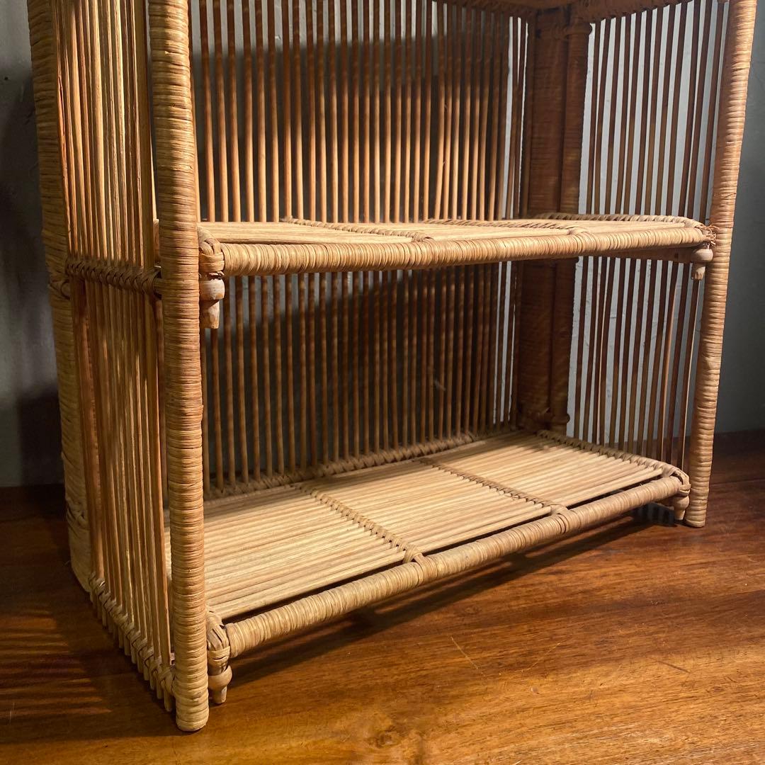 昭和レトロ 折りたたみ式三段ラック ラタン 籐 インテリア 飾り棚