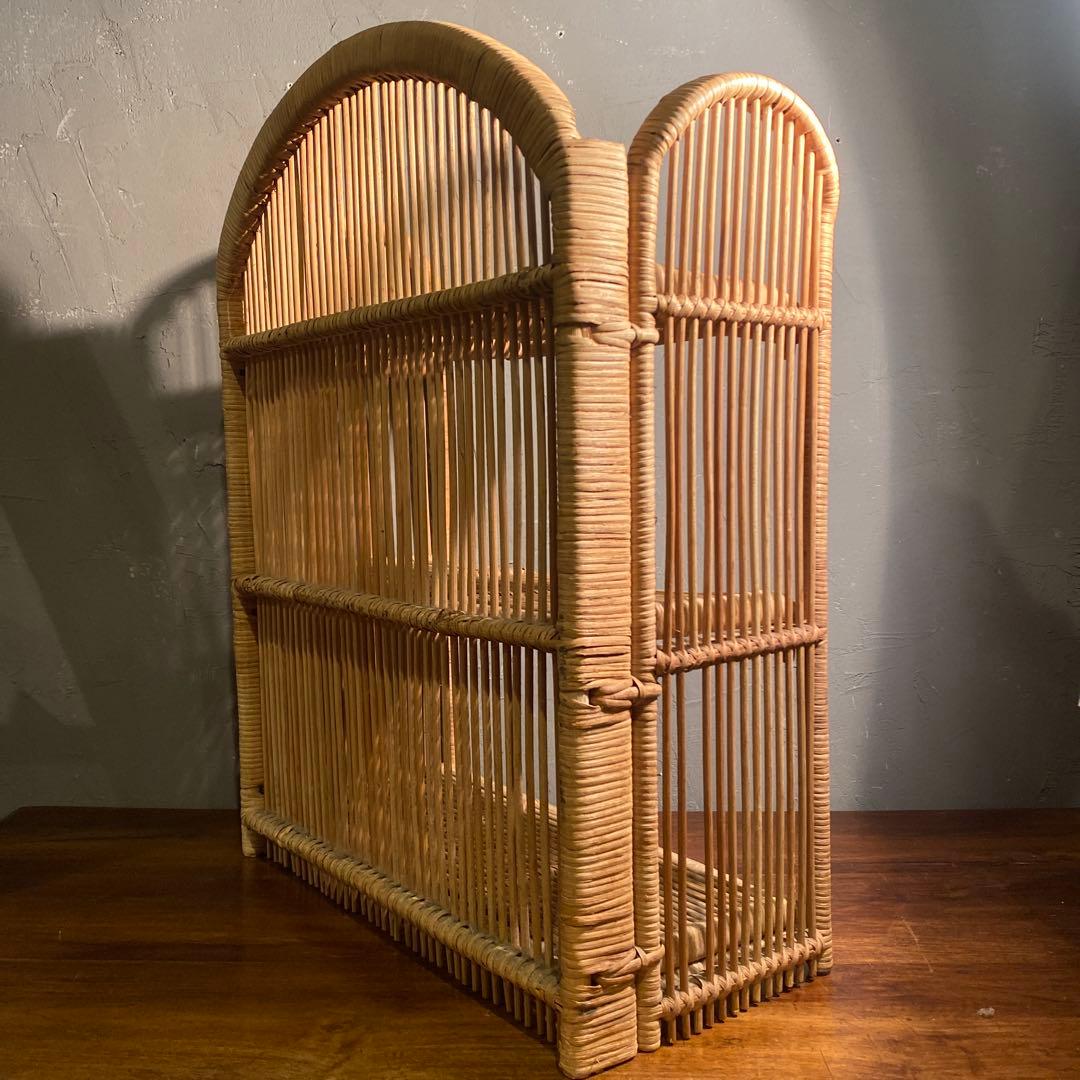 昭和レトロ 折りたたみ式三段ラック ラタン 籐 インテリア 飾り棚