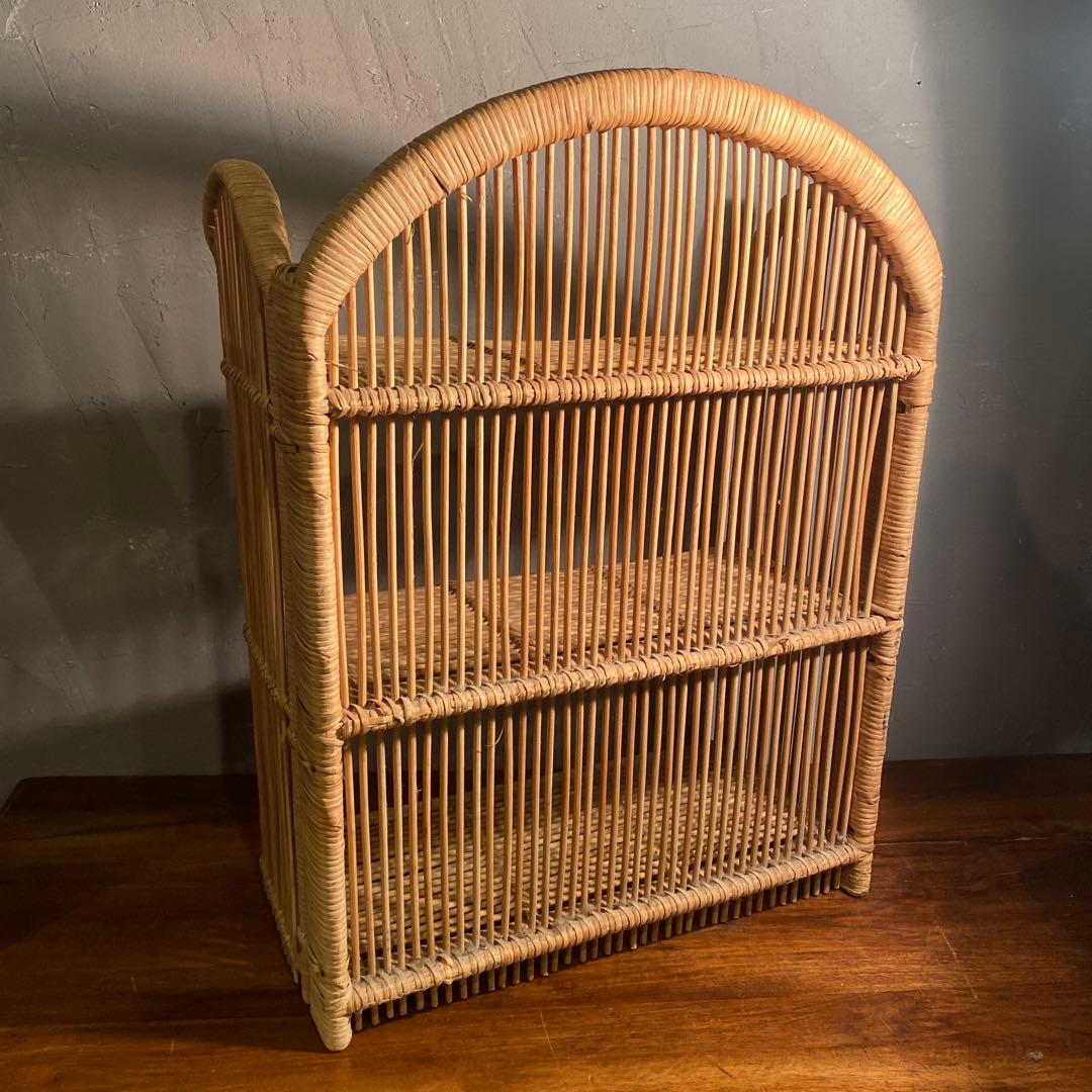 昭和レトロ 折りたたみ式三段ラック ラタン 籐 インテリア 飾り棚