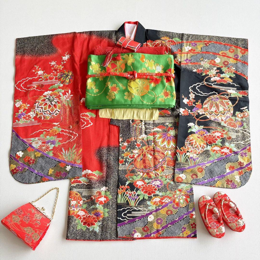 フルセット　七五三７歳女の子　赤黒地絹毬牡丹　新品袋帯緑地　簡単半襟　7126