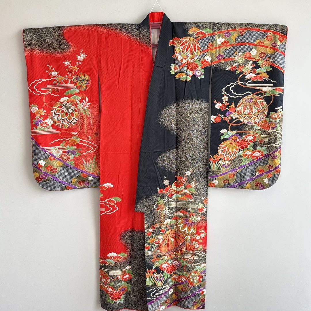 フルセット　七五三７歳女の子　赤黒地絹毬牡丹　新品袋帯緑地　簡単半襟　7126