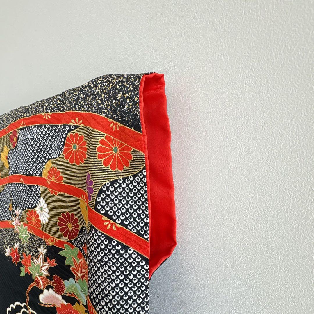 フルセット　七五三７歳女の子　赤黒地絹毬牡丹　新品袋帯緑地　簡単半襟　7126