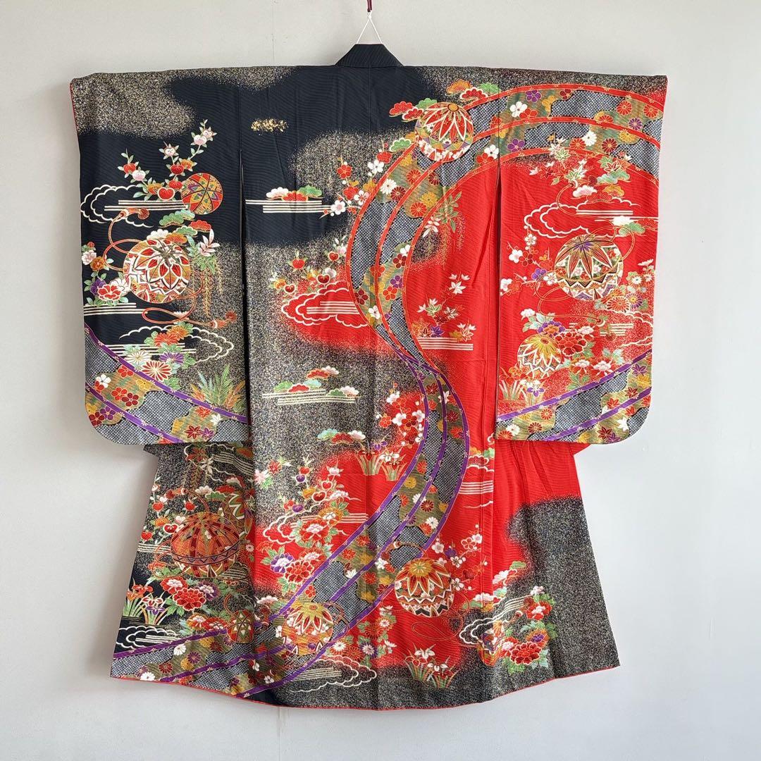 フルセット　七五三７歳女の子　赤黒地絹毬牡丹　新品袋帯緑地　簡単半襟　7126