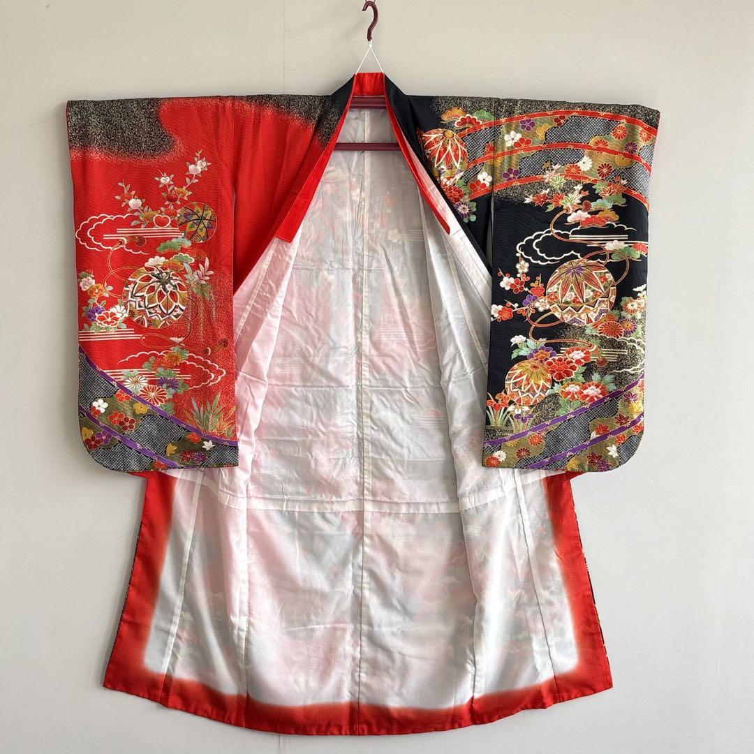 フルセット　七五三７歳女の子　赤黒地絹毬牡丹　新品袋帯緑地　簡単半襟　7126