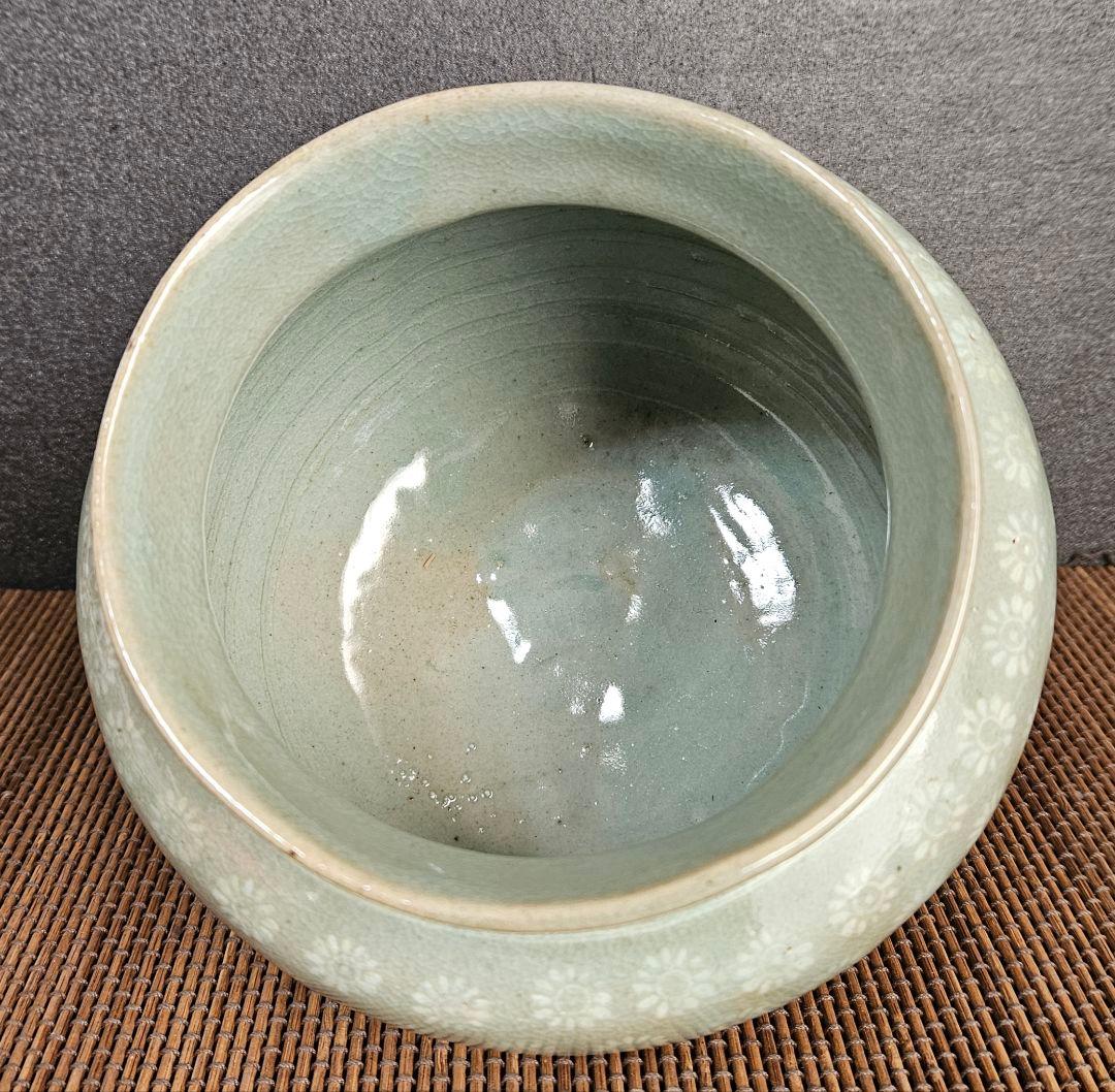 京　作　高麗青磁　三島　花三島　三獣脚　大香炉　李朝青磁　花三島　三島手