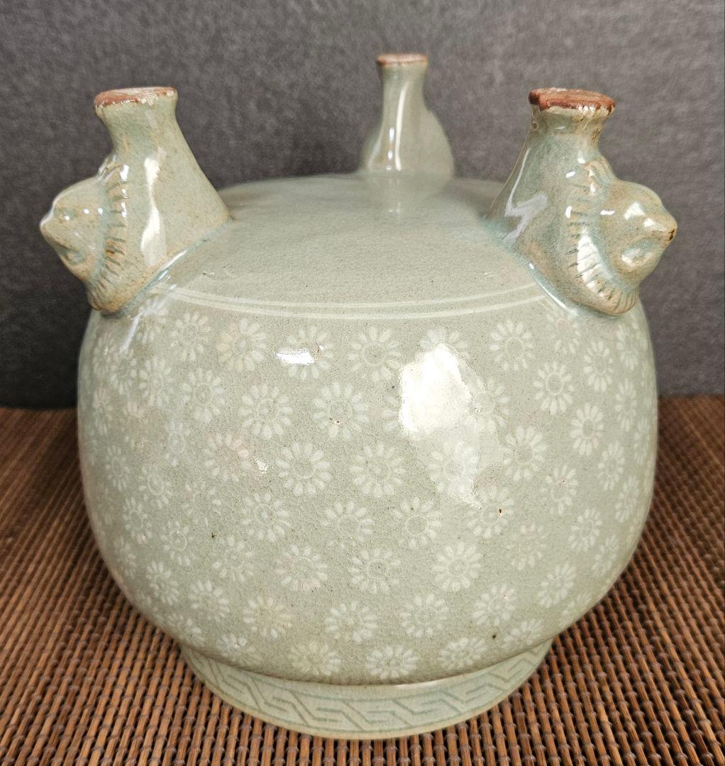 京　作　高麗青磁　三島　花三島　三獣脚　大香炉　李朝青磁　花三島　三島手