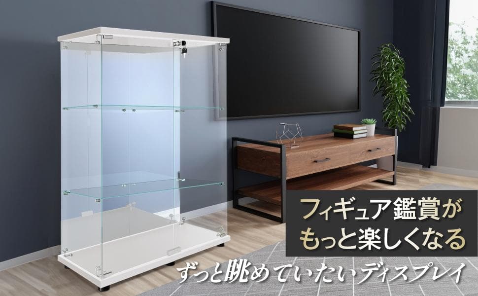 《値下げ》【新品】人気No.1！3段ワイドガラスケース白｜背面ミラー仕様