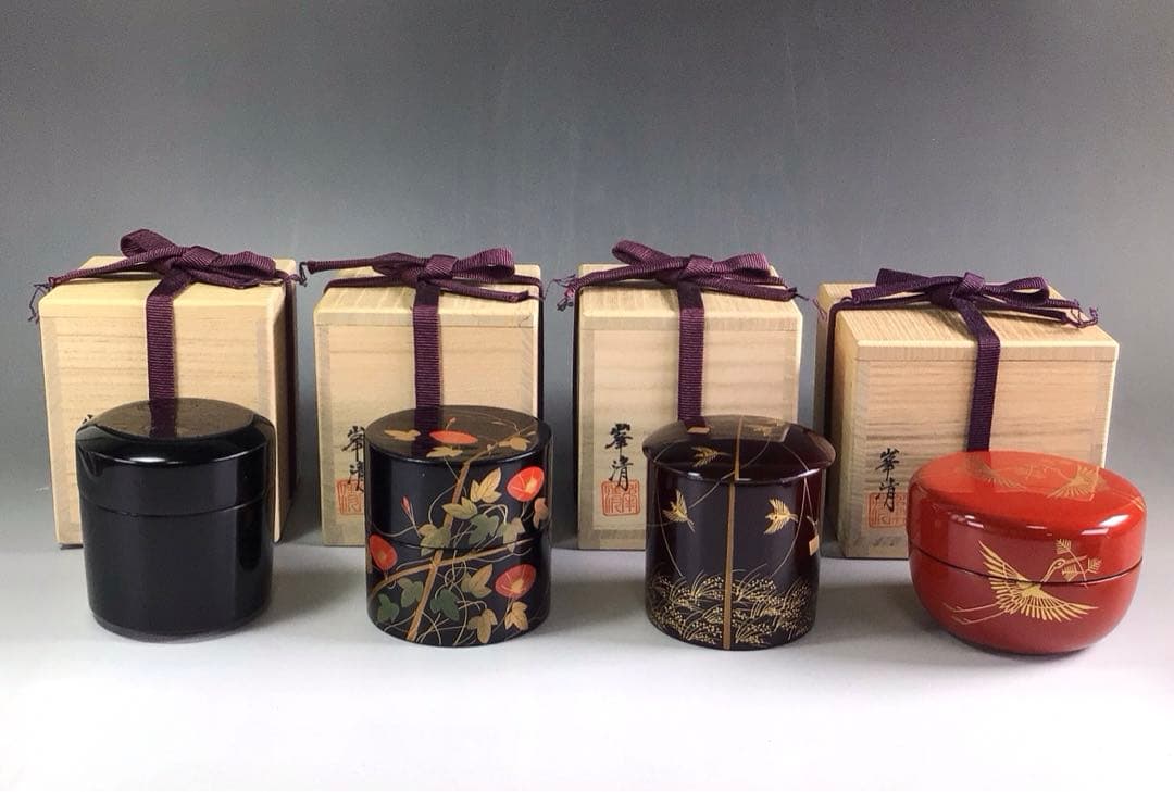 Ｒ５６５　四季棗　『塗師　峯清作』『夜桜　朝顔　稲雀　松喰鶴』　共箱　茶道具
