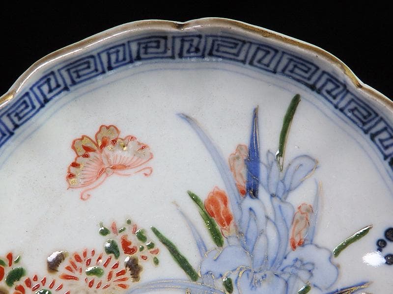 古伊万里 染錦 菖蒲に菊の図 4寸皿 4客 D870AS-BXo